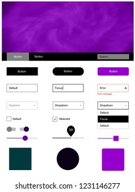 Dark Purple vector Material Design Kit with stars. Web ui kit with abstract gradient clouds in its header. This template you can use for landing pages.