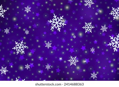 Patrón vector púrpura oscuro con copos de nieve navideños, estrellas. Ilustración abstracta geométrica moderna con copos de nieve. Parte básica de los folletos de Año Nuevo.