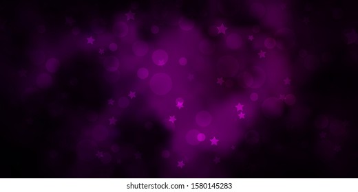 Dark Purple vector pattern with circles, stars. Glitter abstract illustration with colorful drops, stars. Pattern for trendy fabric, wallpapers.