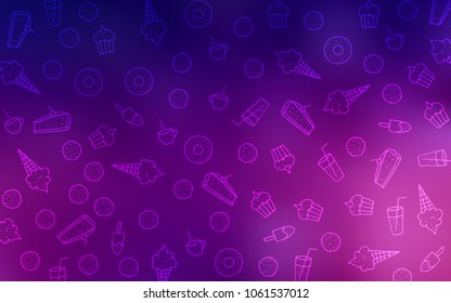 Dark Purple vector pattern with delicious cookies. Glitter abstract sketch with sweets, candies, desserts. Pattern for ad, booklets, leaflets of restaurants.