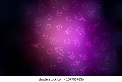 Dark Purple vector pattern with delicious cookies. Illustration with set of sweet food in doodle style. Pattern for menu of cafes and restaurants.