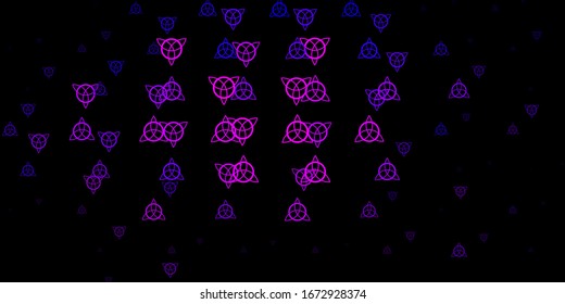 Dark Purple vector pattern with magic elements. Colorful vintage illustration with gradient alchemy shapes. Simple design for occult depiction.