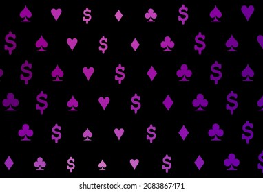 Dark purple vector pattern with symbol of cards. Shining illustration with hearts, spades, clubs, diamonds. Pattern for booklets, leaflets of gambling houses.