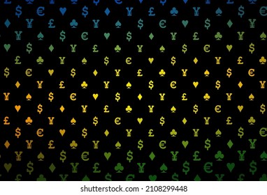 Dark purple vector pattern with symbol of cards. Blurred decorative design of hearts, spades, clubs, diamonds. Template for business cards of casinos.