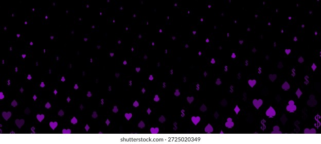 Padrão de vetor roxo escuro com símbolo de cartas. Gradiente colorido com sinais de corações, espadas, paus, diamantes. Design para anúncio, cartaz, banner de sites de jogos de azar.