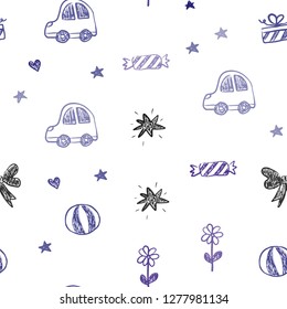 Dark Purple vector seamless backdrop with holiday gifts. Illustration with a colorful toy car, heart, baloon, tulip, candy, ball. Pattern for new year ads.
