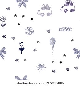 Dark Purple vector seamless backdrop with holiday gifts. Abstract illustration with a toy car, heart, baloon, tulip, candy, ball. Pattern for carnival, festival ads.