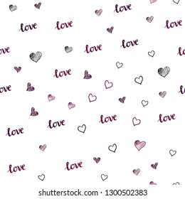 Dark Purple vector seamless backdrop with phrase LOVE YOU, hearts. Illustration with words of love, hearts in abstract style. Template for business cards, websites.