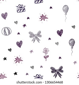 Dark Purple vector seamless backdrop with holiday gifts. Abstract illustration with a toy car, heart, baloon, tulip, candy, ball. Design for holiday adverts.