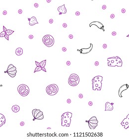 Dark Purple vector seamless background with tasty food. Blurred decorative design of snacks in doodle style. Pattern for ads of breakfast, lunch, dinner.