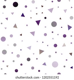 Dark Purple vector seamless background with triangles, circles. Illustration with set of colorful circles, triangles. Pattern for trendy fabric, wallpapers.