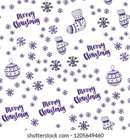 Dark Purple vector seamless background with xmas snowflakes, balls, socks, mittens. Modern geometric abstract illustration. Pattern for design of fabric, wallpapers.