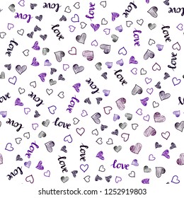 Dark Purple vector seamless background with words of love, hearts. Illustration with words of love, hearts in abstract style. Design for wallpaper, fabric makers.