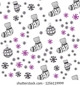 Dark Purple vector seamless background with xmas snowflakes, balls, socks, mittens. Colorful decorative design in xmas style. Template for business cards, websites.