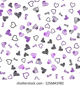 Dark Purple vector seamless background with words of love, hearts. Design in doodle style with text LOVE YOU, hearts. Template for business cards, websites.