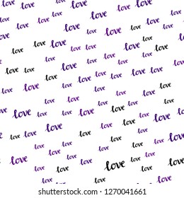 Dark Purple vector seamless background with words of love. Decorative illustration with words of love in abstract style. Template for business cards, websites.