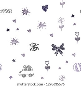 Dark Purple vector seamless background with xmas attributes. Illustration with a gradient toy car, heart, baloon, tulip, candy, ball. Pattern for birthday gifts.