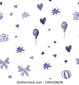 Dark Purple vector seamless background with xmas attributes. Illustration with a gradient toy car, heart, baloon, tulip, candy, ball. Design for colorful commercials.