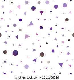 Dark Purple vector seamless background with triangles, circles. Circles, lines on abstract background with colorful gradient. Pattern for design of window blinds, curtains.