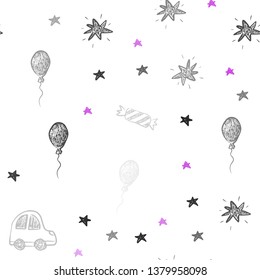 Dark Purple vector seamless background in xmas style. Colorful illustration with a toy car, baloon, candy, star, ball. Pattern for birthday gifts.