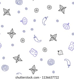 Dark Purple vector seamless cover with cuisine gourmet. Glitter abstract sketch with gourmet food. Pattern for ads of breakfast, lunch, dinner.