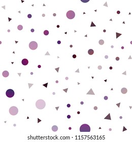 Dark Purple vector seamless cover in polygonal style with circles. Illustration with set of colorful circles, triangles. Design for textile, fabric, wallpapers.
