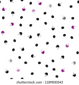 Dark Purple vector seamless cover with set of coffee beans. Gradient abstract collection of coffee cups and beans. Template of a black hot beverage in a cafe.