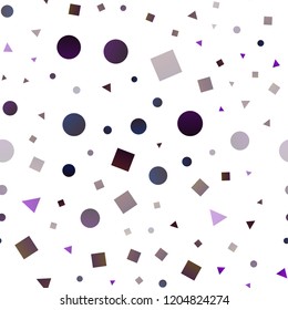 Dark Purple vector seamless cover in polygonal style with circles. Illustration with set of colorful circles, triangles, squares. Pattern for trendy fabric, wallpapers.