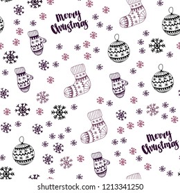 Dark Purple vector seamless cover with beautiful snowflakes, balls, socks, mittens. Colorful xmas elements with gradient. Design for textile, fabric, wallpapers.