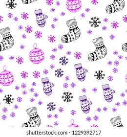Dark Purple vector seamless cover with beautiful snowflakes, balls, socks, mittens. Colorful decorative design in xmas style. Template for business cards, websites.