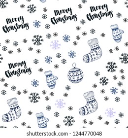 Dark Purple vector seamless cover with beautiful snowflakes, balls, socks, mittens. Shining colorful illustration in christmas style. Design for textile, fabric, wallpapers.