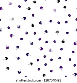 Dark Purple vector seamless cover with set of coffee beans. Glitter abstract backdrop with gradient mugs, coffee grains. Template of a black hot beverage in a cafe.