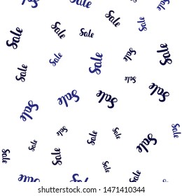 Dark Purple vector seamless cover with symbols of sales. Colored words of sales with gradient on white background. Template for season sales, shopping ads.