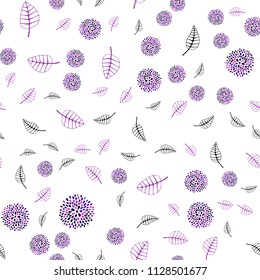 Dark Purple vector seamless doodle texture with leaves and flowers. Leaves, flowers in natural style on white background. Pattern for wallpapers and coloring books.