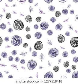 Dark Purple vector seamless doodle template with leaves and flowers. Sketchy doodles on white background. Pattern for trendy fabric, wallpapers.