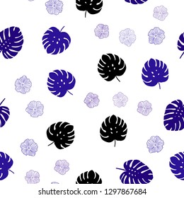 Dark Purple vector seamless doodle pattern with flowers, leaves. Creative illustration in blurred style with leaves, flowers. Design for textile, fabric, wallpapers.