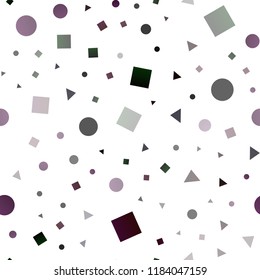 Dark Purple vector seamless layout with circles, lines, rectangles. Illustration with set of colorful circles, triangles, squares. Trendy design for wallpaper, fabric makers.