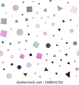 Dark Purple vector seamless layout with circles, lines, rectangles. Decorative design in abstract style with lines, dots, cubes. Trendy design for wallpaper, fabric makers.