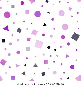 Dark Purple vector seamless layout with circles, lines, rectangles. Abstract gradient illustration with circles, triangles, cubes. Trendy design for wallpaper, fabric makers.