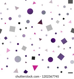 Dark Purple vector seamless layout with circles, lines, rectangles. Illustration with set of colorful circles, triangles, squares. Pattern for design of window blinds, curtains.