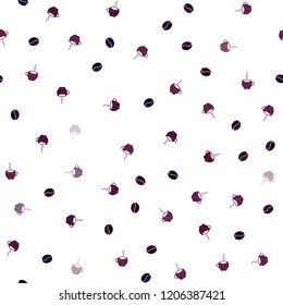 Dark Purple vector seamless layout with coffee set. Gradient illustration with set of mugs, beans. Template of a black hot beverage in a cafe.