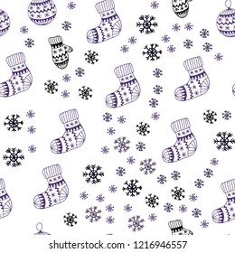 Dark Purple vector seamless layout with bright snowflakes, balls, socks, mittens. Colorful decorative design in xmas style. Texture for window blinds, curtains.