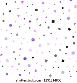 Dark Purple vector seamless layout with circles, lines, rectangles. Illustration with set of colorful circles, triangles, squares. Trendy design for wallpaper, fabric makers.