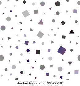 Dark Purple vector seamless layout with circles, lines, rectangles. Decorative design in abstract style with lines, dots, cubes. Pattern for design of window blinds, curtains.