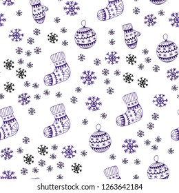 Dark Purple vector seamless layout with bright snowflakes, balls, socks, mittens. Colorful illustration with xmas symbols. Texture for window blinds, curtains.