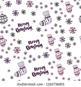 Dark Purple vector seamless layout with bright snowflakes, balls, socks, mittens. Glitter abstract illustration with gradient. Pattern for trendy fabric, wallpapers.