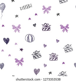 Dark Purple vector seamless layout in new year style. Shining illustration with aheart, baloon, candy, gift, star, ribbon. Pattern for birthday gifts.