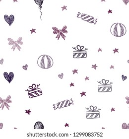 Dark Purple vector seamless layout in new year style. Abstract illustration with aheart, baloon, candy, gift, star, ribbon. Pattern for new year ads.
