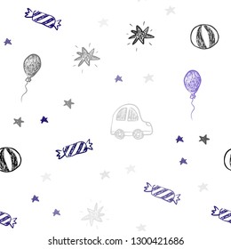 Dark Purple vector seamless layout in new year style. Shining illustration with a toy car, baloon, candy, star, ball. Template for new year postcards.