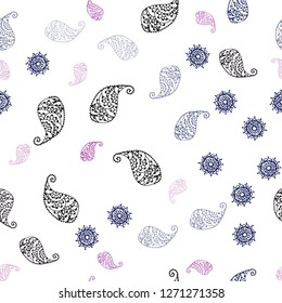 Dark Purple vector seamless natural background with leaves and flowers. Sketchy doodles on white background. Design for wallpaper, fabric makers.